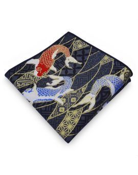 Black with Blue, Red & Gold Koi Fish Pocket Square