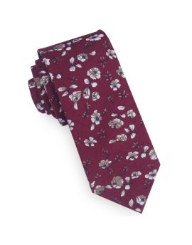 Burgundy with White Floral Mens Skinny Tie