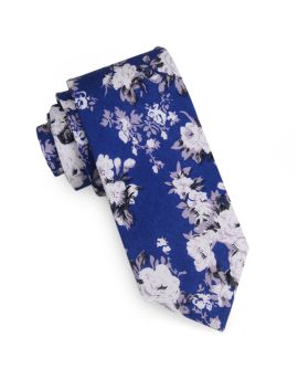 Mid Blue with White and Lilac Floral Pattern Men's Skinny Tie