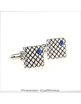 Silver Crosshatch with Blue Inset Cufflinks
