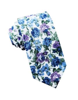 White with Blue & Lilac Flowers Men's Skinny Tie